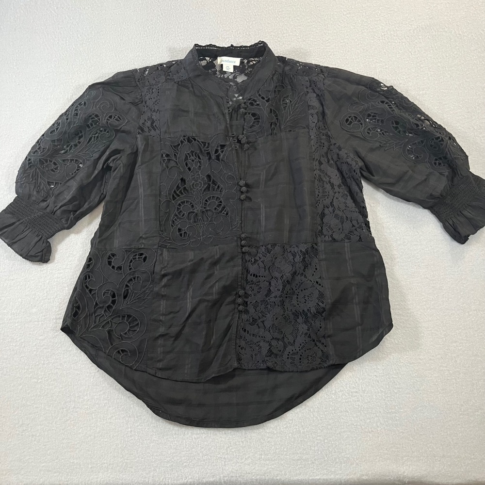 Sundance Womens PS Black Lace Patchwork Eyelet Frog Button Blouse with Camisole